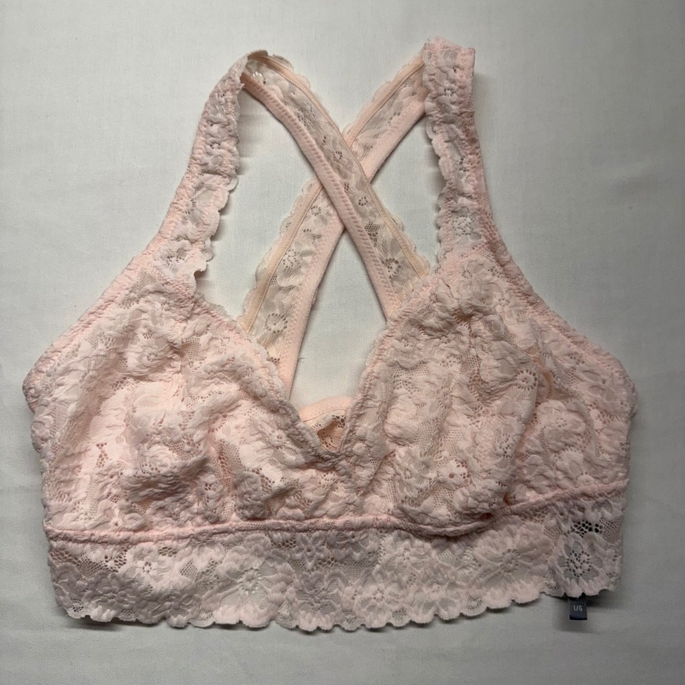 Aerie Bralette Floral Lace Cross Back Large Pink Women Boho Intimates Loungewear